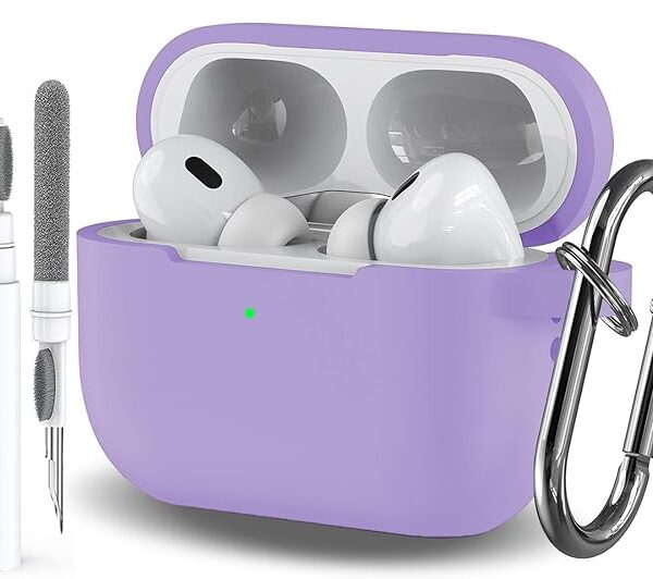 Purple Silicone AirPods Pro 1/2 Case with Keychain & Cleaner Pen – Soft Protective Cover for Men & Women.