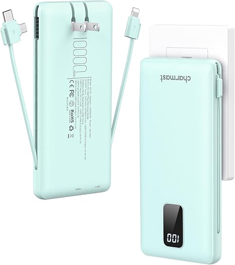 Charmast 10000mAh – 15W, built-in cables & plug, for iPhone, Galaxy, iPad.