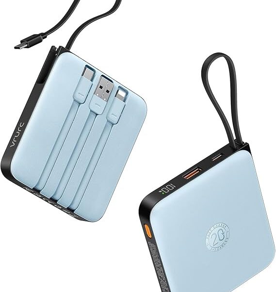 VRURC 10000mAh Charger – 20W, built-in cables, for iPhone 13–16, Galaxy S24/25.
