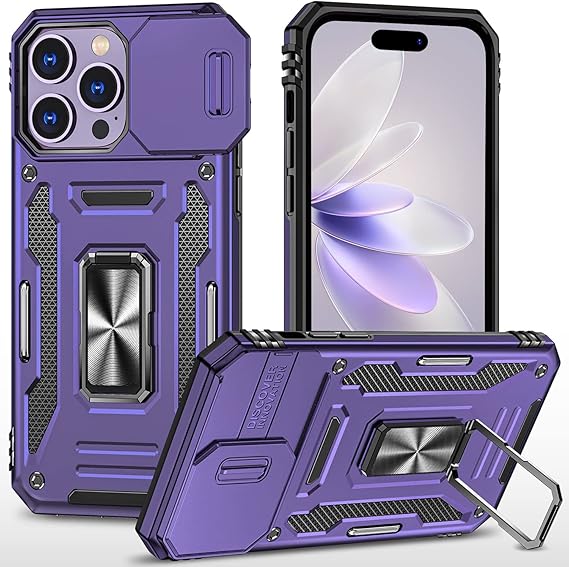 iPhone 14 Pro Case with Camera Lens Cover, Ring Holder Kickstand, Magnetic Car Mount Compatible, Purple.