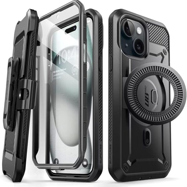 SUPCASE iPhone 15 Plus Case – MagSafe Compatible, Built-in Screen Protector & Belt Clip, Military-Grade Drop Protection, Stand, Black
