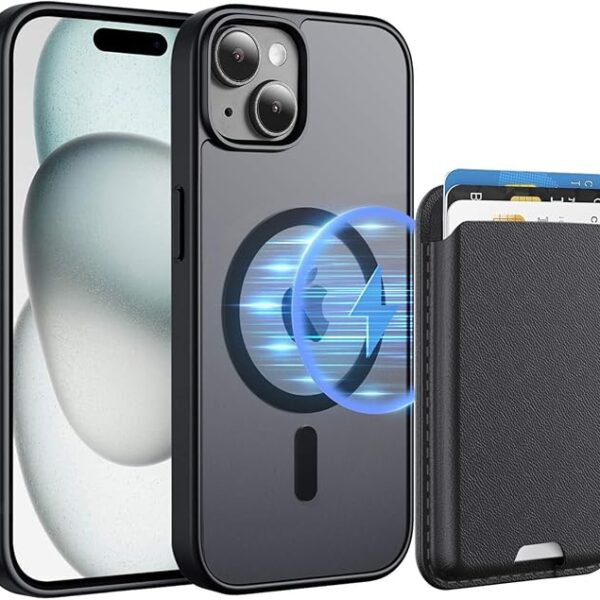 iPhone 14/15 Plus Case with Detachable Magnetic Wallet, RFID Holder, MagSafe, Slim Shockproof, Black