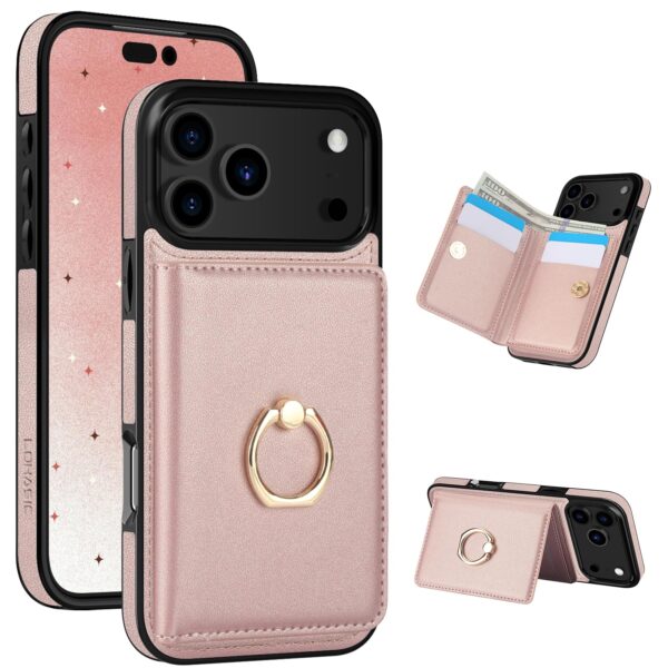 LOHASIC for iPhone 17 Pro Max Case Wallet with Card Holder, 360° Rotation Ring, RFID Blocking, 5 Card Slots, PU Leather 6.9" Cover for Apple 17 Pro Max Men Women, Rose Gold