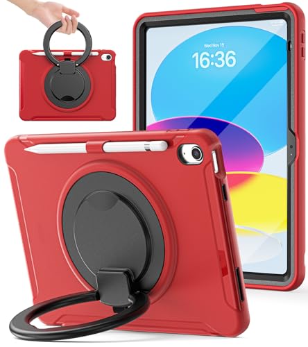 BATYUE Case for iPad 10th/11th (A16) Gen 2022/2025: Professional Shockproof 10.9/11" Cover with Screen Protector, Pencil Holder, 360° Rotating Stand – Heavy-Duty, Red