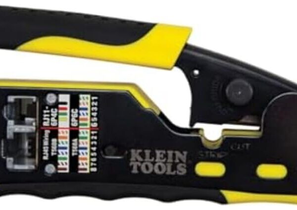 Klein Tools VDV226-110 Ratcheting Modular Data Cable Crimper / Wire Stripper / Wire Cutter for RJ11/RJ12 Standard, RJ45 Pass-Thru Connectors