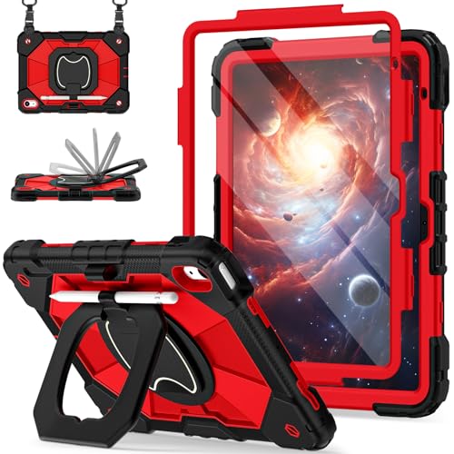Case for iPad 10th Generation 10.9 Inch (2022), iPad (A16) 11th Generation 11 Inch (2025), Rugged i Pad Case 10th Gen with 360°Rotating Stand Screen Protector Pen Holder Shoulder Strap, Red