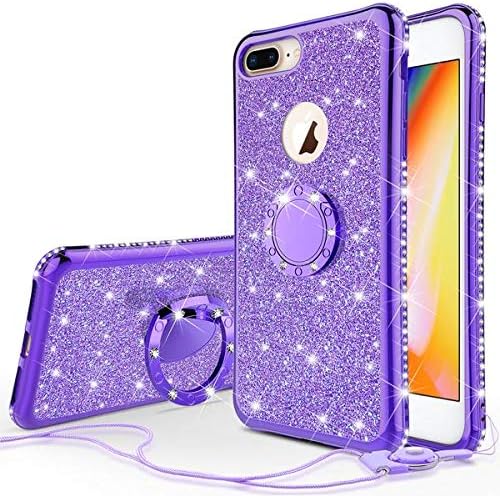 iPhone 8 Plus Case,iPhone 7 Plus Case, Glitter Phone Case Ring Kickstand Bling Diamond Rhinestone Clear Bumper Sparkly Girls Women for Compatible for Apple iPhone 7/8 Plus - Purple