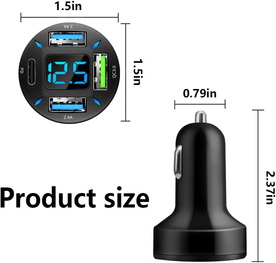 Car Charger 66W Super Fast Charging with USB PD&QC 3.0(Voltmeter&LED Lights) Universal Quick Charge for 12-24V Car Cigarette Lighter Plug,Compatible with iPhone 14 13 12,S22 S21 S20,iPad(Black) - Image 7