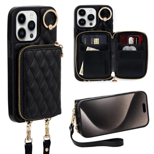 Keallce Case for iPhone 17 Pro Max 6.9'' Wallet Case, Crossbody Zipper Purse with Wrist Strap Lanyard Handbag, RFID Blocking Card Holders, Kickstand Flip Leather Cover for iPhone 17 Pro Max, Black