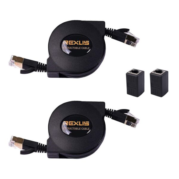 REXUS 2-Pack Retractable Cat 7 Flat Ethernet Network Cable 4.9 FT (1.5 M) with 2 RJ45 Coupler, High-Class 10 Gigabit LAN Wires Internet Patch Cable with RJ45 Gold Plated Connector (C7R15x2CP)