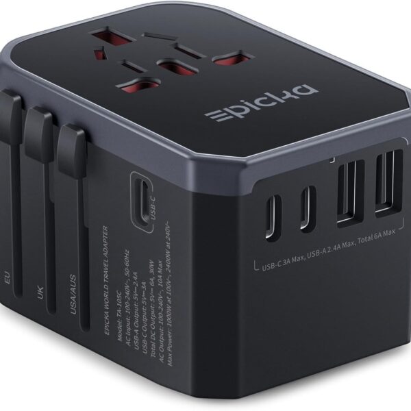 EPICKA Universal Travel Adapter, International Power Adapter with 2 USB-A & 3 USB-C Ports Wall Charger - Worldwide Travel Essentials, European Travel Plug Adapter for UK/US/AU (TA-105C, Black)