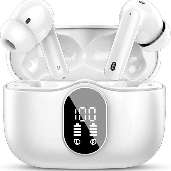 Wireless Earbuds, Bluetooth 5.4 Headphones Bass Stereo, Ear Buds with Noise Cancelling Mic, LED Display in Ear Earphones Clear Calls, IP7 Waterproof Bluetooth Earbuds for Laptop/Phones/Sports, White