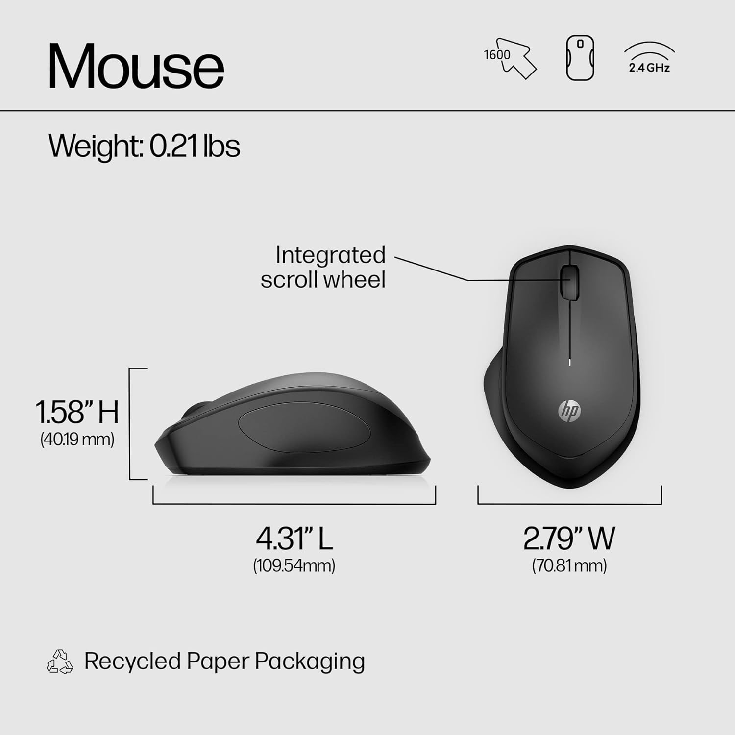 HP 280 Silent Wireless Mouse - Ergonomic, Right-Handed Design - 2.4GHz USB Wireless Connection - Multi-Surface Technology, 1600 DPI Optical Sensor - Win, Chrome, Mac OS - Image 6