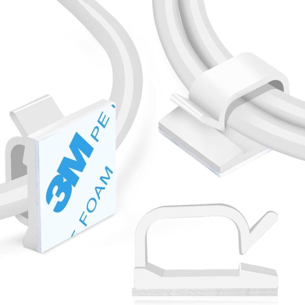 120 Pcs XHF Adhesive Cable Wire Clips White, Cable Staples Outdoor Cable Management Wire Organizer Cord Holder for Under Desk, Car, Wall, TV PC Ethernet Cable