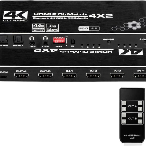 HDMI Matrix Switch 4x2, 4K HDMI Matrix Switcher Splitter 4 in 2 Out Box with EDID Extractor and IR Remote Control Support 4K HDR, HDMI 2.0b, HDCP 2.2, 4K@60Hz, 3D, 1080P