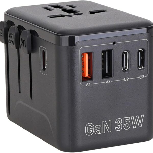 Universal Travel Adapter 35W PD Fast Charger Adapter – International Power Adapter with 2 USB-A & 3 USB-C Ports – Plug Adapter for EU, UK, US, AUS