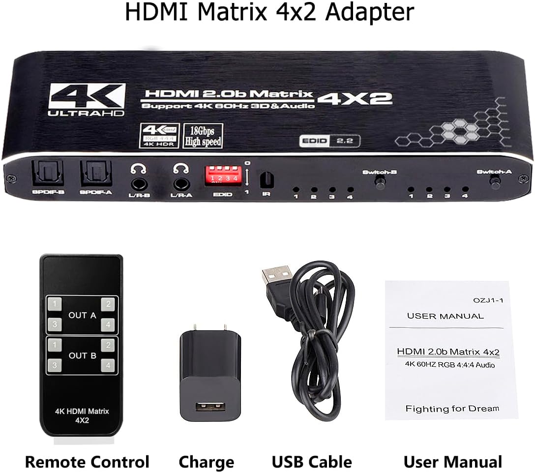 HDMI Matrix Switch 4x2, 4K HDMI Matrix Switcher Splitter 4 in 2 Out Box with EDID Extractor and IR Remote Control Support 4K HDR, HDMI 2.0b, HDCP 2.2, 4K@60Hz, 3D, 1080P - Image 7