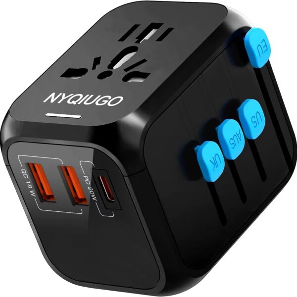 NYQIUGO Universal International Power Travel Plug Adapter with 3 USB Ports (1 USB C), Worldwide Plug Adaptor Wall Charger for USA to Europe UK France Germany Spain Ireland Australia (Type C/G/A/I)