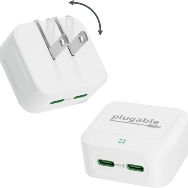 Plugable Dual USB C Charger Block, 40W Foldable 2-Port Fast Charging Flat USB C Wall Charger, Power Delivery for iPhone 16, iPad, AirPods, Samsung Galaxy, Pixel (PS-40C2W) White