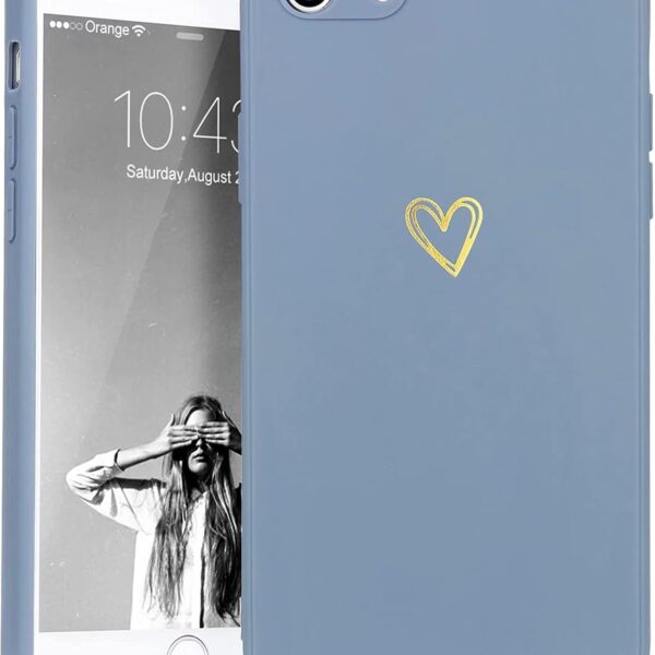 iPhone SE Case 2022/2020, iPhone 8 iPhone 7 Case for Women Girls Silky Soft Protective Shockproof Silicone Phone Case with Cute Heart Design, Blue Grey