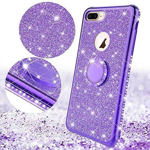 iPhone 8 Plus Case,iPhone 7 Plus Case, Glitter Phone Case Ring Kickstand Bling Diamond Rhinestone Clear Bumper Sparkly Girls Women for Compatible for Apple iPhone 7/8 Plus - Purple - Image 3
