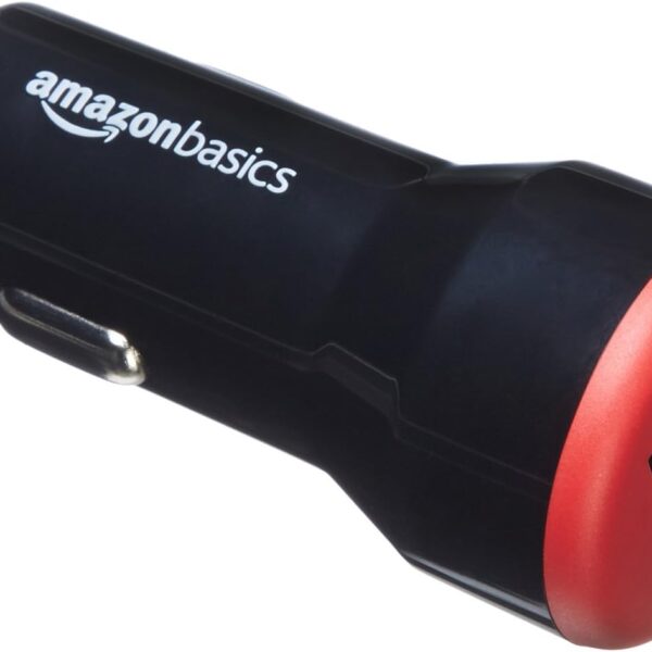 Amazon Basics 24W 2-port USB-A Car Charger for Phones (iPhone 16/15/14/13/12/11/X, Samsung, and more), non-PPS, Black/Red
