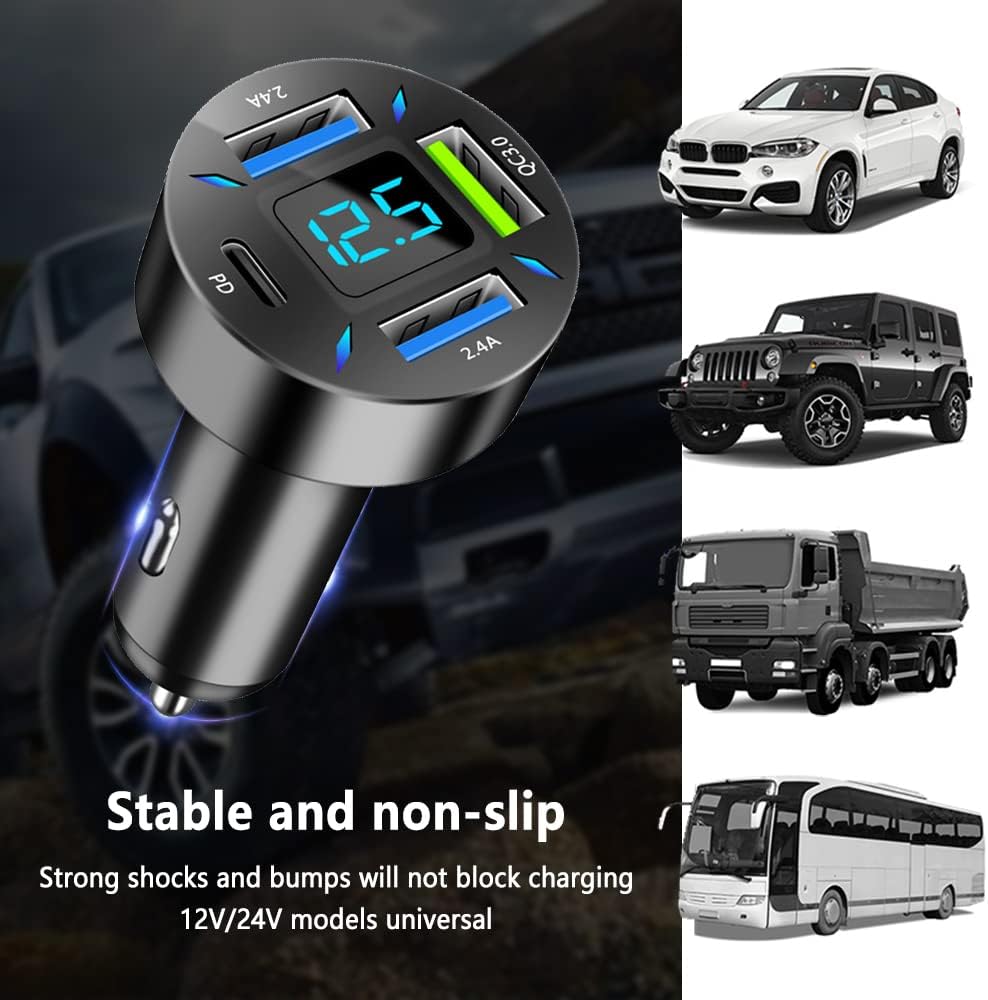 Car Charger 66W Super Fast Charging with USB PD&QC 3.0(Voltmeter&LED Lights) Universal Quick Charge for 12-24V Car Cigarette Lighter Plug,Compatible with iPhone 14 13 12,S22 S21 S20,iPad(Black) - Image 3