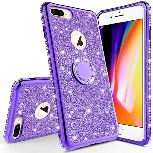 iPhone 8 Plus Case,iPhone 7 Plus Case, Glitter Phone Case Ring Kickstand Bling Diamond Rhinestone Clear Bumper Sparkly Girls Women for Compatible for Apple iPhone 7/8 Plus - Purple - Image 2
