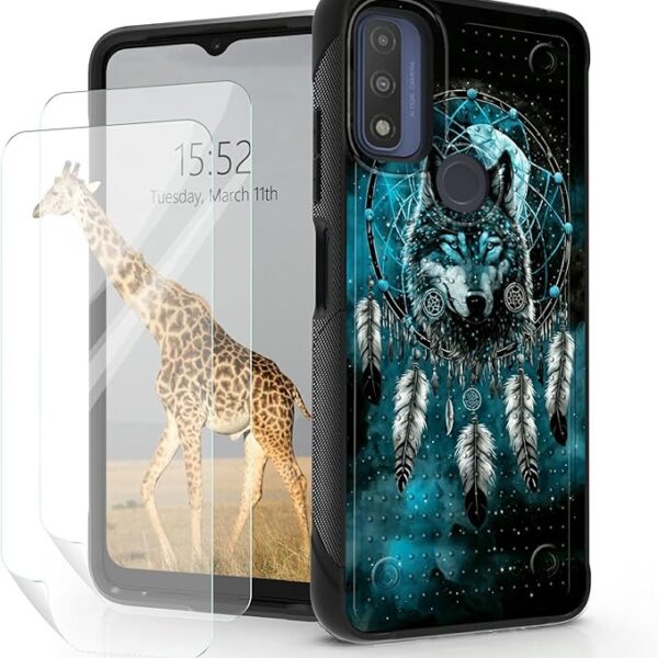 for Moto G Pure Phone Case for Moto G Power 2022 Case for Moto G Play 2023 Case with 2 Pack Screen Protector Hybrid Dual Layer Heavy Duty Protective Case for Moto G Pure,Wolf Dream Catcher