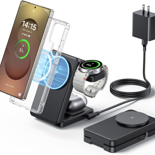 3 in 1 Magnetic Foldable Wireless Charger for Samsung, Fast Mag-Safe Charging Station for Galaxy S25 S24 S23 Ultra Plus/Z Fold/Z Flip 7/6/5, Charger Stand for Galaxy Watch Ultra /8/7/6/5/Pro, for Buds