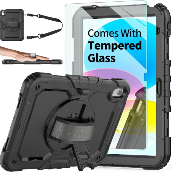 Ambison Case for iPad (A16) 11th/10th Generation 11''/10.9'' 2025/2022, [Kid Proof] Full Body Protective Case with 9H Tempered Glass Screen Protector, 360° Rotatable Kickstand & Hand Strap (Black)