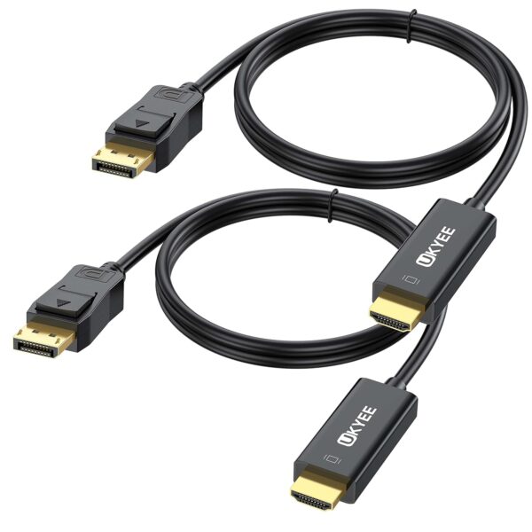4K Displayport to HDMI Cable 6FT 2-Pack, Display Port (DP) to HDMI Adapter 6FT Male to Male Cord Converter for PCs to HDTV, Monitor, Projector.