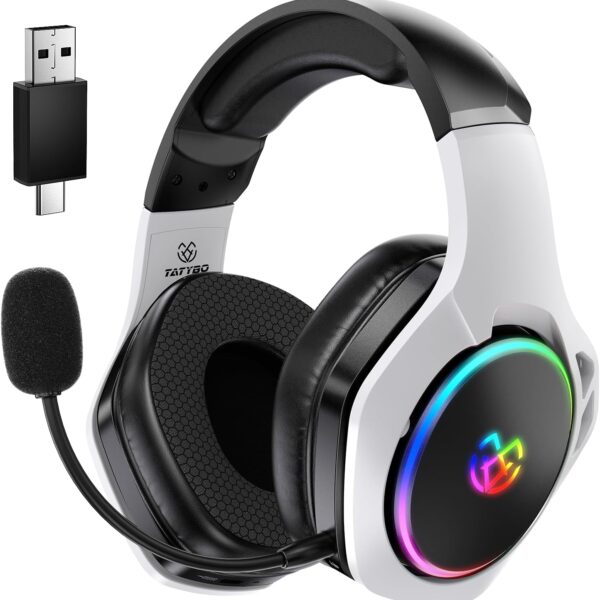 Tatybo 2.4GHz Wireless Gaming Headset for 40Hr+, Bluetooth 5.3 Wireless Headset with 360°Adjustable ENC Mic, Gaming Headphones for Ps5, Ps4, PC, Switch, Phone