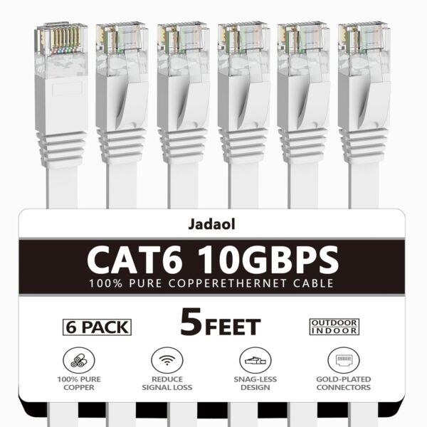Jadaol Cat 6 Ethernet Cable 5 ft 6Pack, Outdoor&Indoor, Flat High Speed 10Gbps Patch LAN Cord, Support Cat8/7 Network, Short Ethernet Cable for Router, Modem, Switch, PC, Laptop, Gaming Console, White