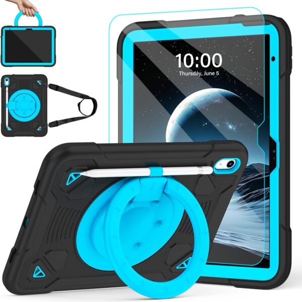 TOMORRY for iPad (A16) 11th Generation 11 Inch 2025/iPad 10th Generation 10.9 Inch 2022 Case with Screen Protector 360°Rotating Stand,Pencil Holder Shoulder Strap Cover A16 iPad Case Kids,Black+Blue
