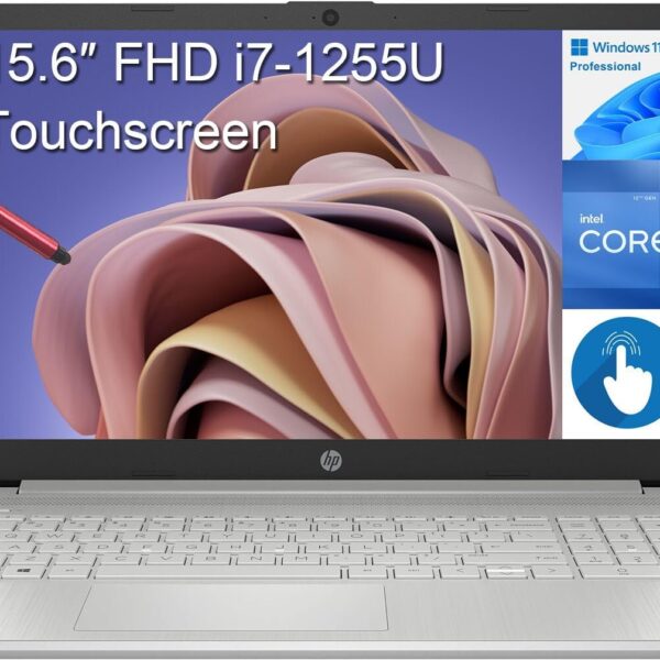 HP 15 15.6" Touchscreen FHD Business Laptop Computer, 12th Gen Intel 10-Core i7-1255U, 64GB DDR4 RAM, 2TB PCIe SSD, 802.11AC WiFi, Bluetooth, Silver, Windows 11 Pro S, BROAG 64GB Flash Stylus