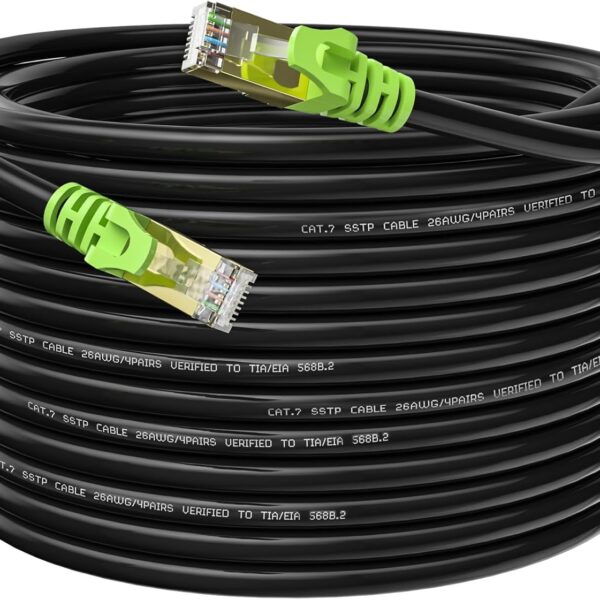 Outdoor Cat 7 Ethernet Cable 300ft, 26AWG Heavy-Duty Cat7 Networking Cord Patch Cable RJ45 Transmission Speed 10GbpsTransmission Bandwidth 600Mhz LAN Wire Cable SFTP Waterproof Direct Burial
