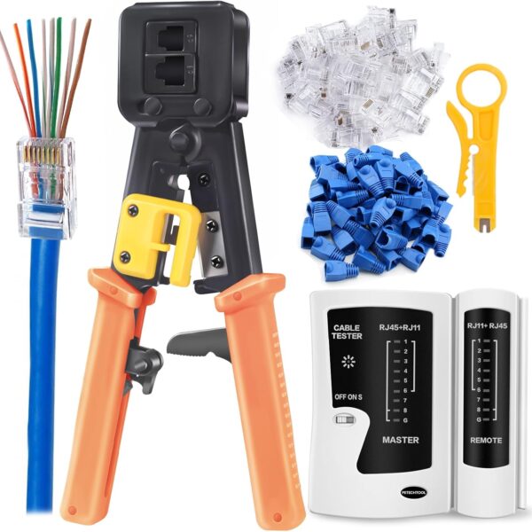 RJ45 Crimp Tool Ethernet Crimper for RJ45 Cat6 Cat5 Cat5e Pass Through Connectors and RJ12 Plug Ends with 50PCS Cat6 Connectors, Ethernet Cable Tester and Mini Wire Stripper