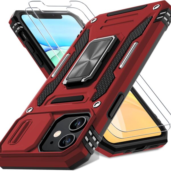 DEERLAMN Case for iPhone 11 with Slide Camera Cover+Screen Protector(2 Packs),Rotated Ring Kickstand Military Grade Shockproof Protective Cover-Red