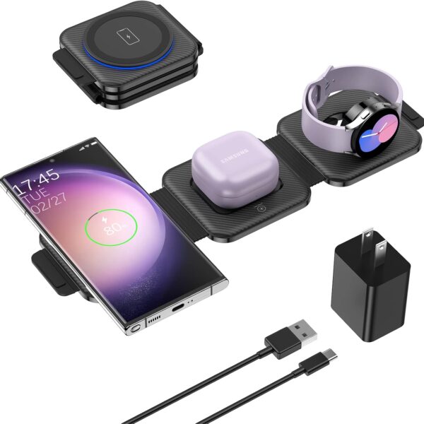 Travel Charger for Samsung Multi Devices, Foldable 3 in 1 Wireless Charging Station Fast Charging Stand/Pad Compatible for Samsung Galaxy S25/S24/S23/Note20 GalaxyWatch8/7/6 Galaxy Buds4