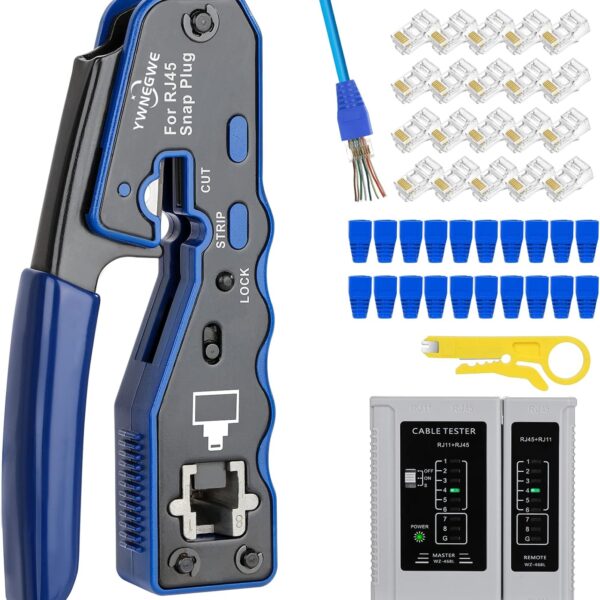 RJ45 Crimp Tool Kit Pass Thru Ethernet Crimper for Cat5e Cat6 Cat6a 8P8C Modular Connectors, All-in-One Cat6 Crimping Tool and Tester(9V Battery Not Included)