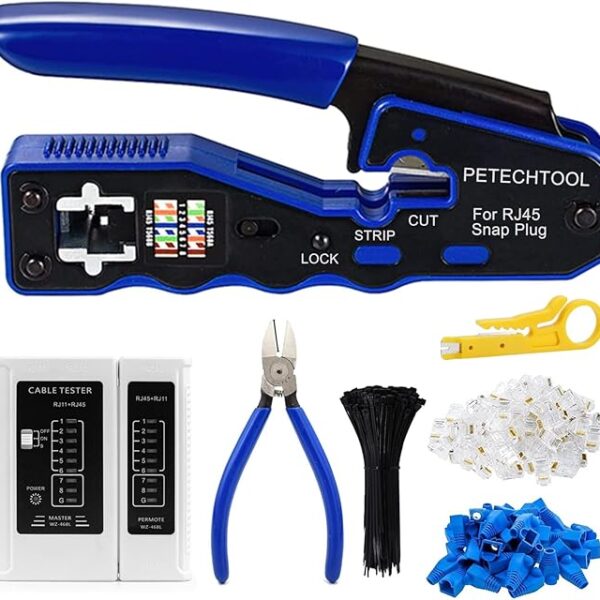 RJ45 Crimp Tool for Cat6 Cat5e Cat5 Pass Through Connectors,All-in-one EZ Crimping Tool Full Set with Cat6 Connectors and Boots, Cable Ties, Cable Tester, Cable Scissors and Stripper