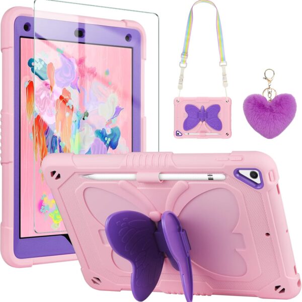 WESADN for iPad 9.7 Case iPad 6th 5th Generation Cases with Screen Protector/Butterfly Kickstand/Lanyard/Keychain Rugged Case with Pencil Holder for Girls Kids iPad Air 2 Case 9.7'' Pink Purple