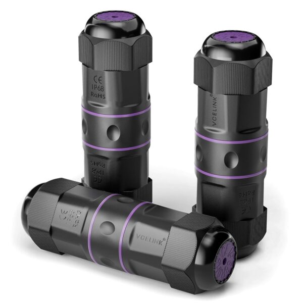 VCELINK Waterproof RJ45 Coupler IP68 Short Profile, Cat6/Cat5E/Cat5 Waterproof Ethernet Connector Shielded, Outdoor Network LAN Cable Extender PoE 6-Pack, 3.23in (Purple-3 Pack)