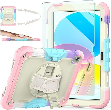 Ambison Case for iPad A16 11th/10th Generation 11"/10.9'' 2025/2022,Heavy Duty Shockproof Case with Tempered Glass Screen Protector, 360° Rotating Handle Strap&Stand,Shoulder Strap-Pink