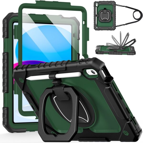 Cantis Case for iPad (A16) 11th/ 10th Generation 11/ 10.9 Inch 2025/ 2022, Shockproof Case for iPad 11 with Screen Protector/ Rotating Stand/ Adjustable Shoulder Strap/ Pen Holder, Black+Alpine Green