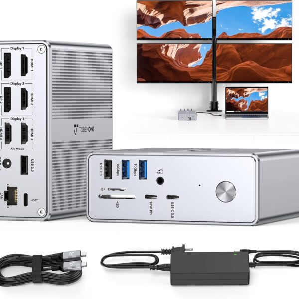 TobenONE Quad Monitor Docking Station with 4 HDMI, 18-in-1 DisplayLink Docking Station with 120W Charger, Dock for Thunderbolt 4/3, USB-C Windows, MacBook(4 USB, 2 USB-C, Ethernet,SD/TF,Audio)