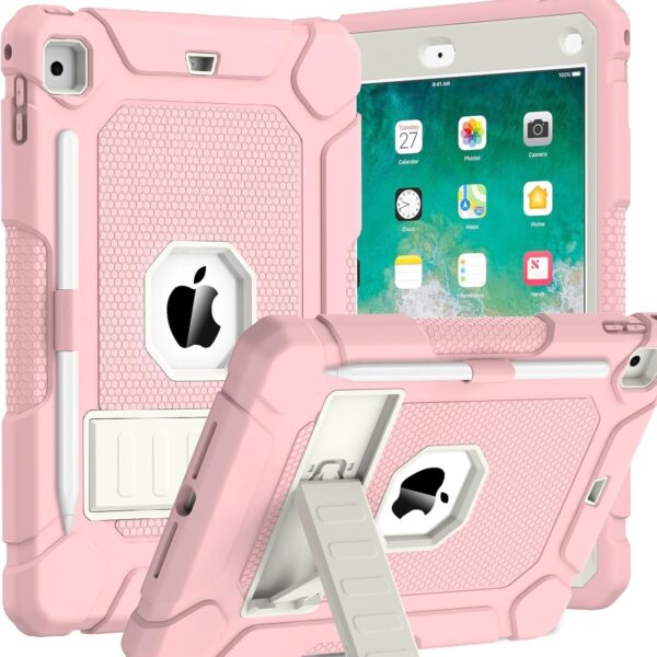 BMOUO Case for iPad 6th 5th Generation (iPad 9.7 inch, 2018/2017), Shockproof Protective iPad 9.7 Case with Built-in Stand/Pencil Holder for iPad 6th/5th Gen, Air 2, Pink