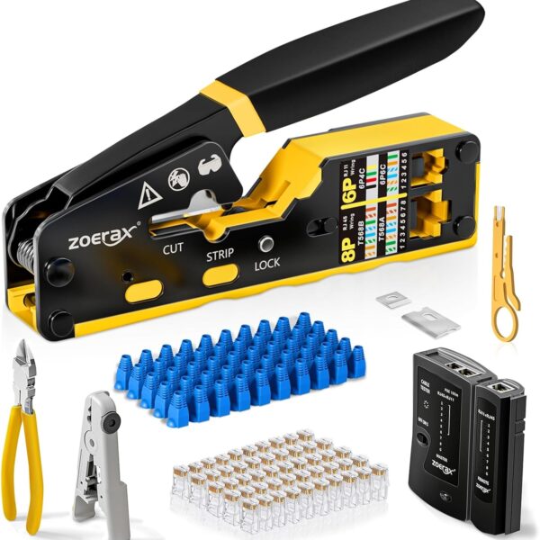 Ethernet Crimping Tool Kit RJ45 Crimp Tools,CAT5 Cat5e Cat6 RJ45 Crimping Tool Kit With Cable Tester, Multiply Stripper, Blades,50Pcs Cat 6 Pass Through Connectors and Strain Relief Boots