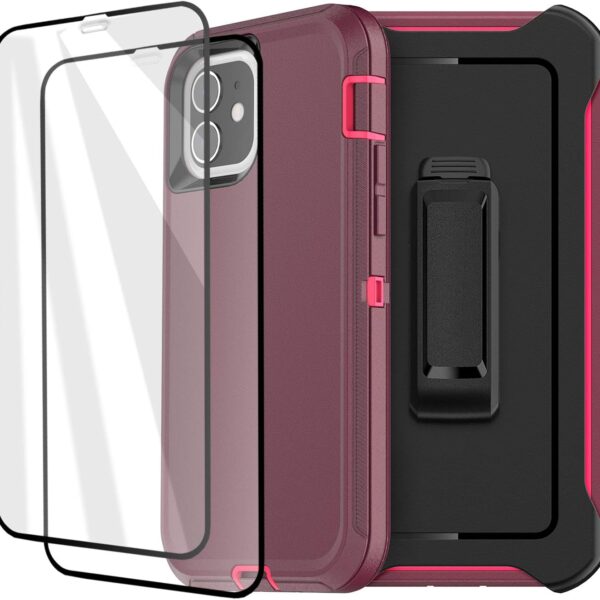 Defense iPhone 12 Case iPhone 12 Pro Case with Two Screen Protector 3 Layer Rugged Heavy Duty Cases for iPhone 12/ iPhone Pro,6.1 inch 2020 (Dark Purple+Pink)